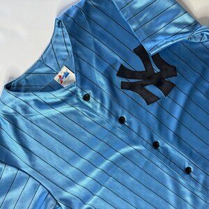New York Yankee Jersey Vintage Majestic Pinstripe Blue Satin Stripes Size Large